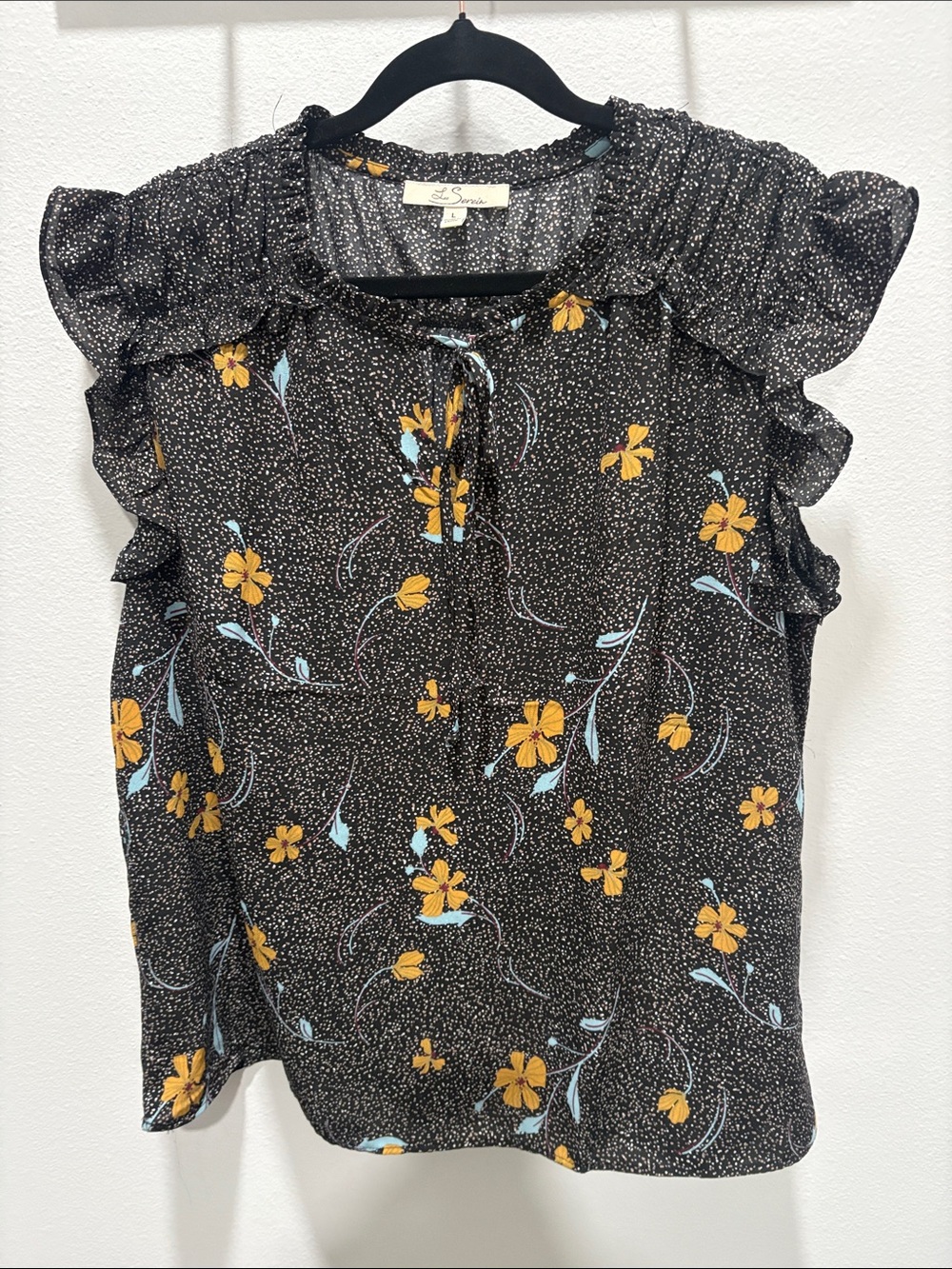 Ruffled Black Floral Camisole with Yellow & Blue Accents